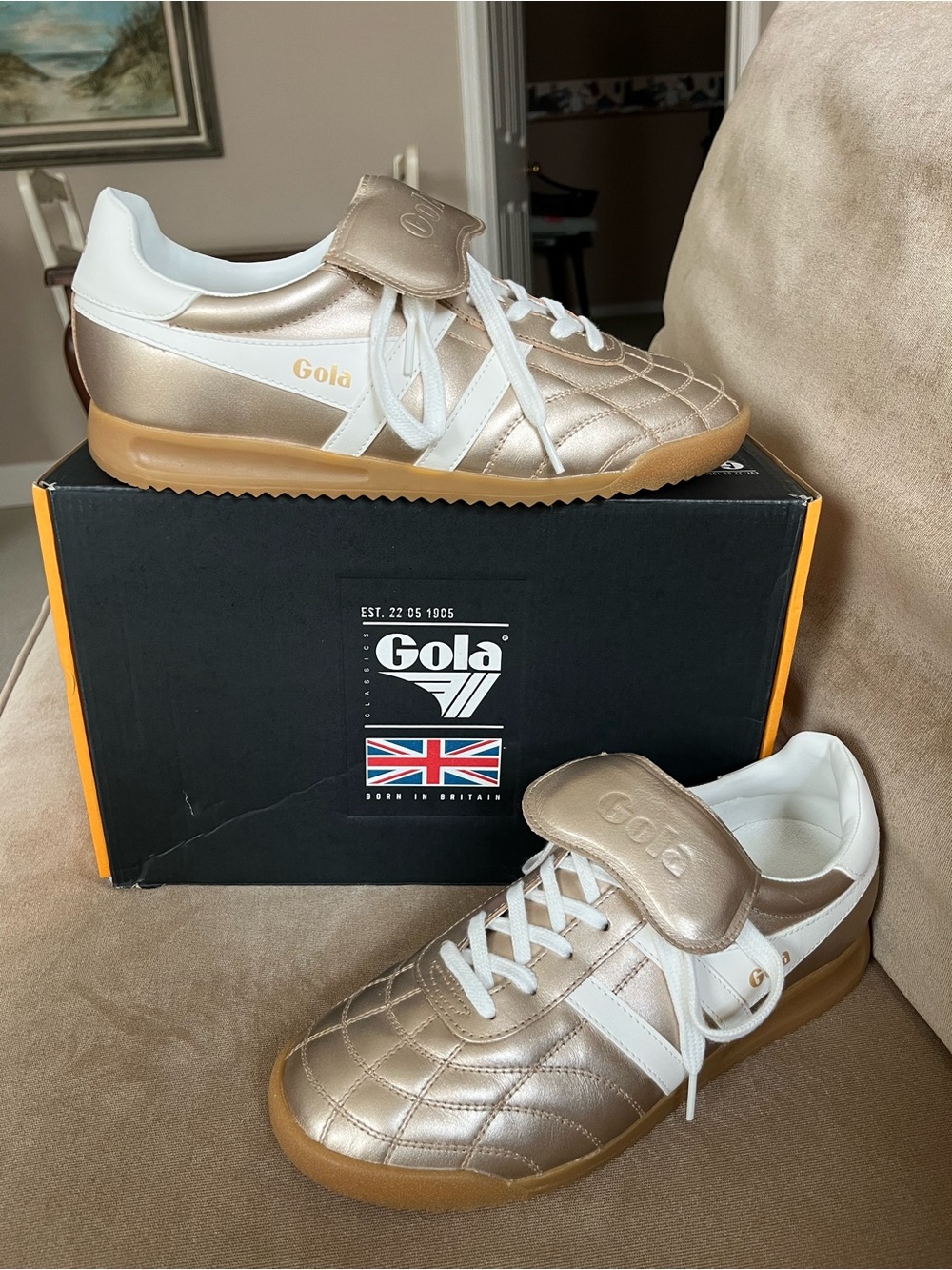 Gola Metallic Gold & White Quilted Sneakers New